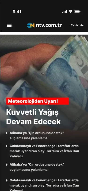 NTV anasayfası, Mobil · 375 px